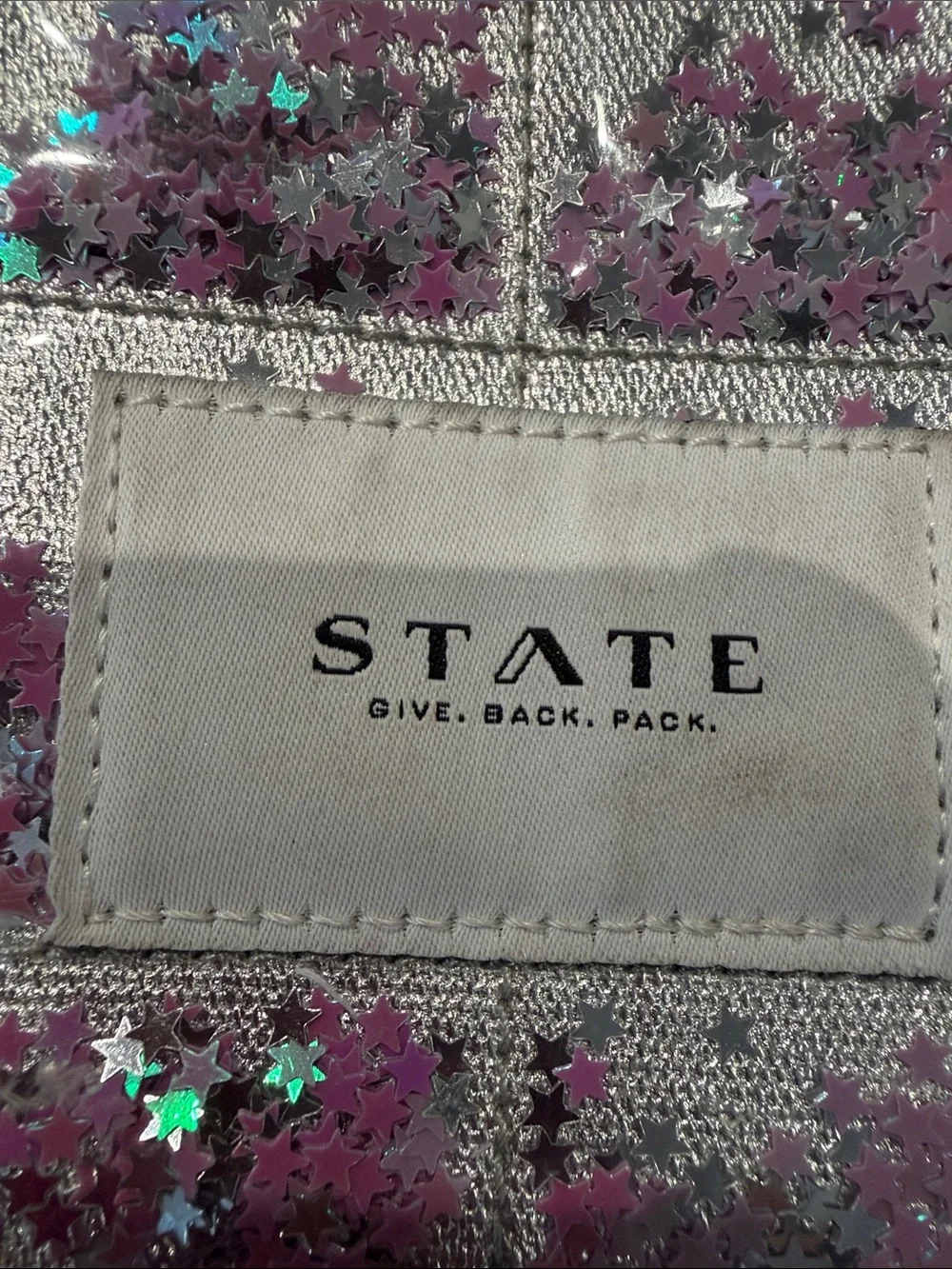 STATE Silver Backpack with Purple and Teal Star Glitter